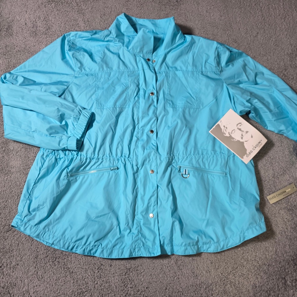 Oleg Cassini Womens 3X Windbreaker Jacket Aqua Blue Snap Mesh Lined FM6HU124X
